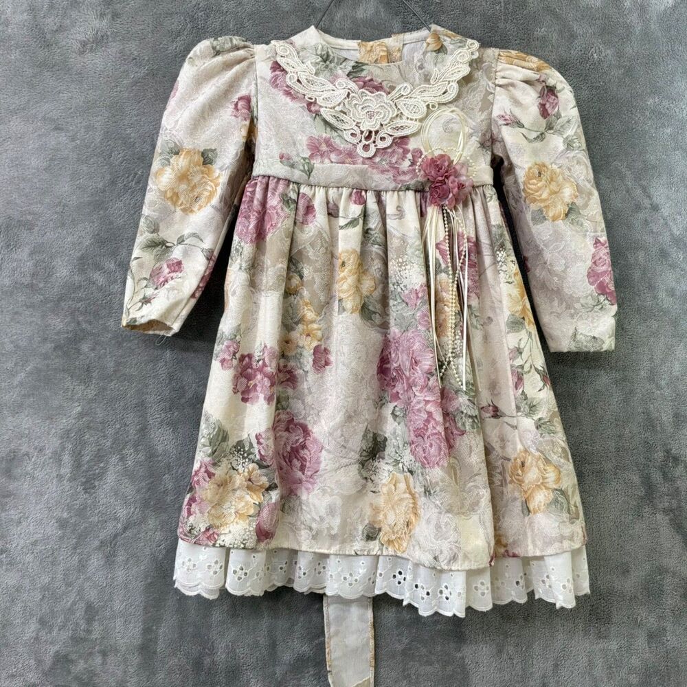 VTG  Honey Bee Toddler Dress 3T Cottagecore Floral Lace Collar Prairie USA